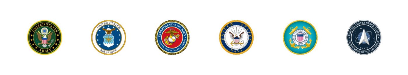 U.S. Army, Air Force, Marine Corps, Navy, Coast Guard, and Space Force emblems